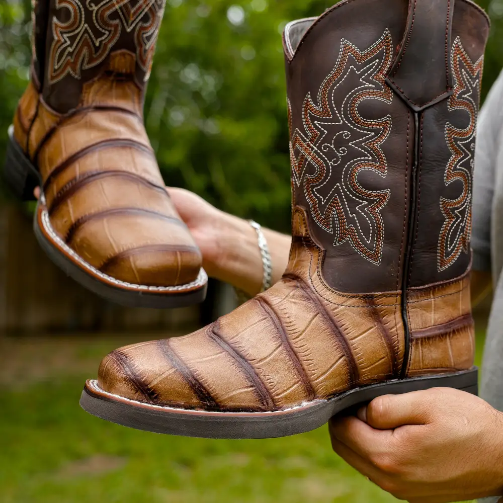 Moka American Gator Belly Leather Boots With Lightweight Soles - Square Toe