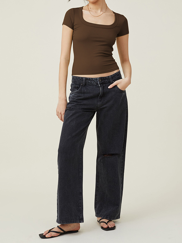 Solid Color Short Sleeves Skinny Square-neck T-Shirts Tops