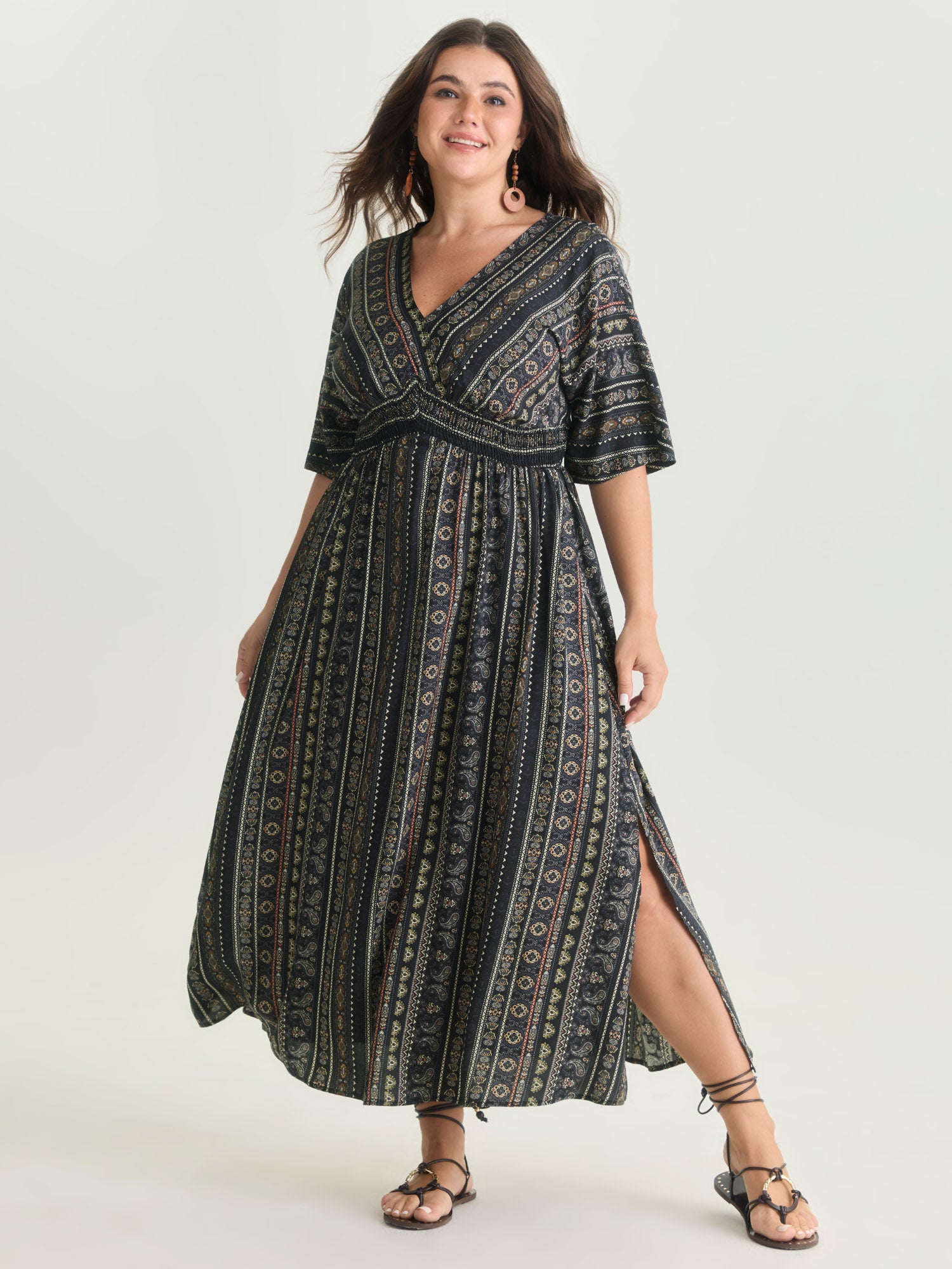 Striped Contrast Dolman Sleeve Shirred Pocket Split Flutter Dress