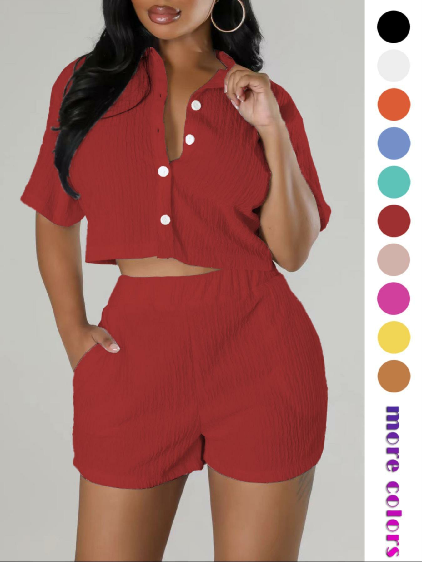 Women's 2-Piece Textured Button Front Shirt & Elastic Waist Shorts Set