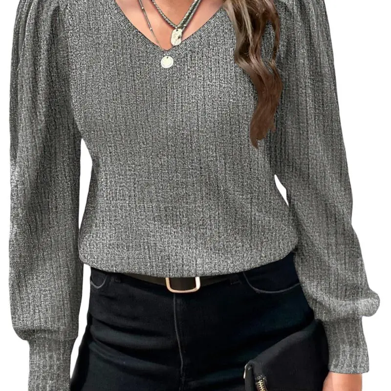 Women's Knit Shirt Soft Puff Long Sleeve Blouse Tops
