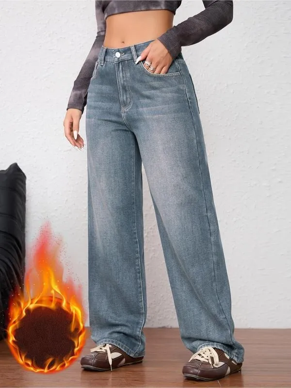 Women's Vintage Fleece-Lined Thickened Fall Winter Wide Leg Jeans