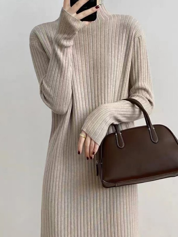 Fringed Solid Color Long Sleeves Loose Mock Neck Sweater Dresses Midi Dresses
