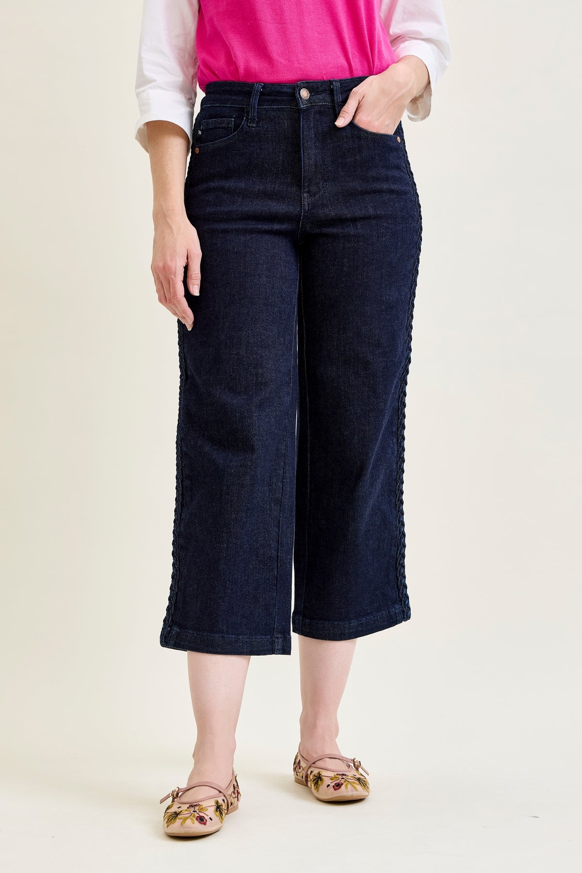 Dottie Side Seam Braid Cropped Wide Leg Jeans