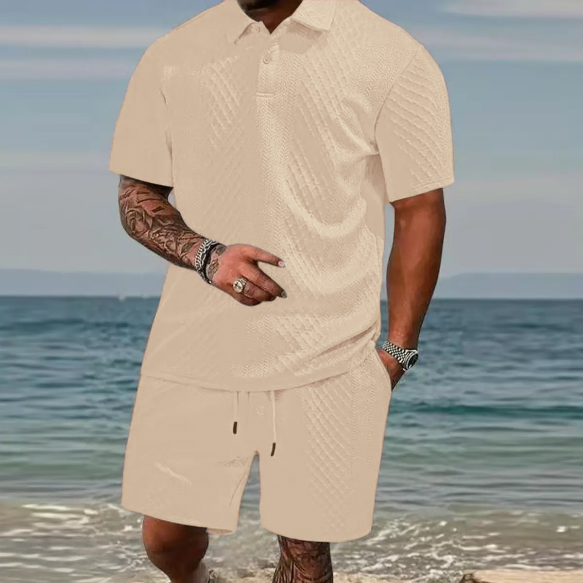 Men's summer casual texture fabric solid color polo shirt T-shirt shorts 2-piece set