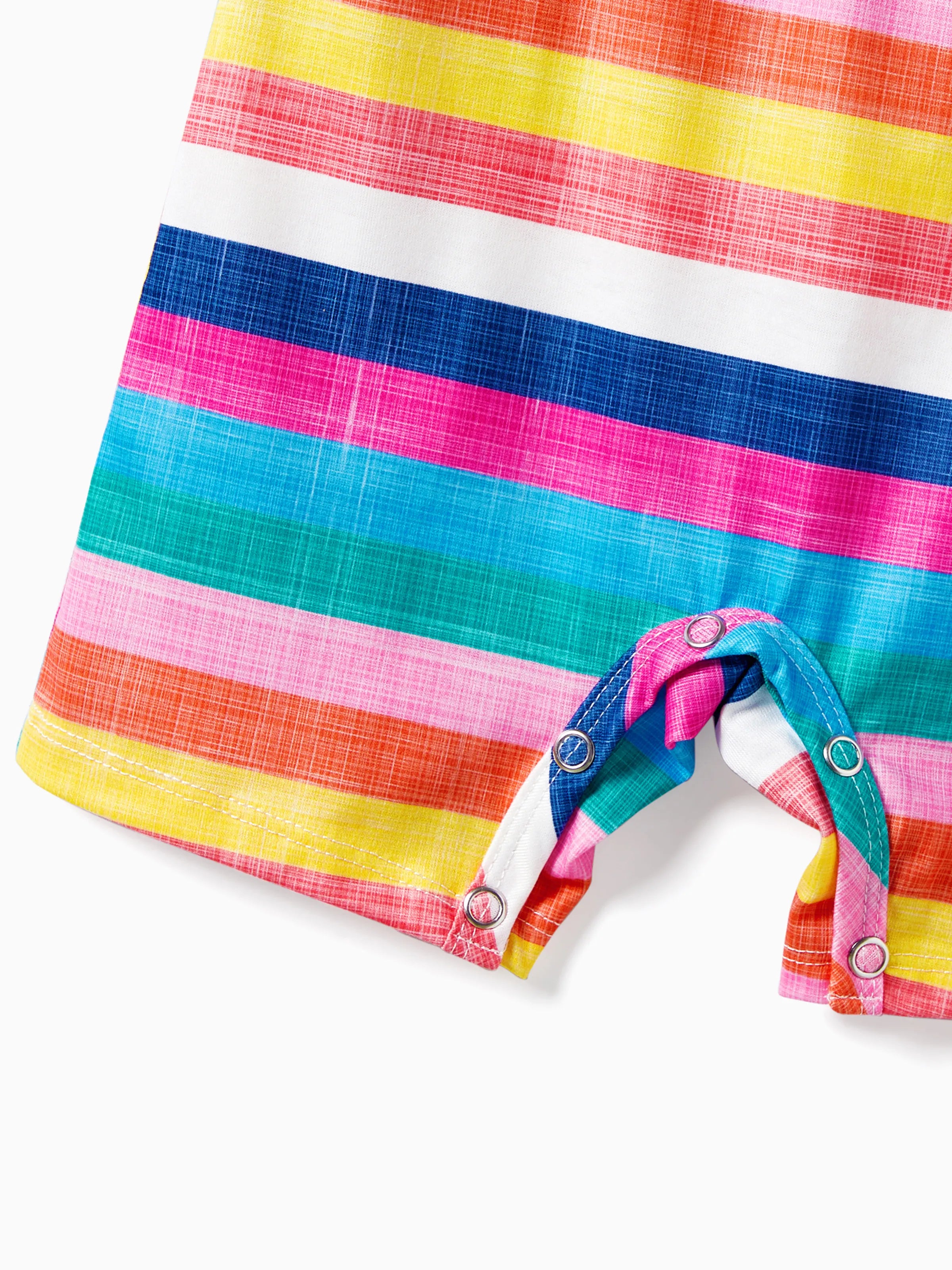 Family Matching Multi-Color Stripe T-shirt and Ruffle Hem Button Strap Dress Sets COLOREDSTRIPES
