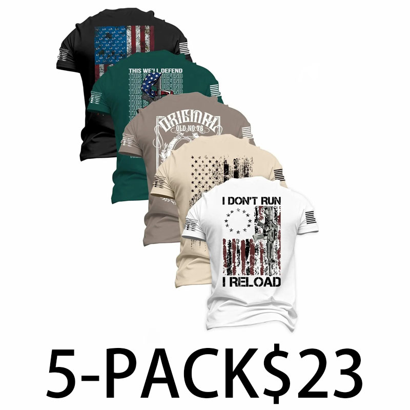 Men's 5-Pack Flag Print T-Shirts – Fitted Short Sleeve Casual Summer Tees