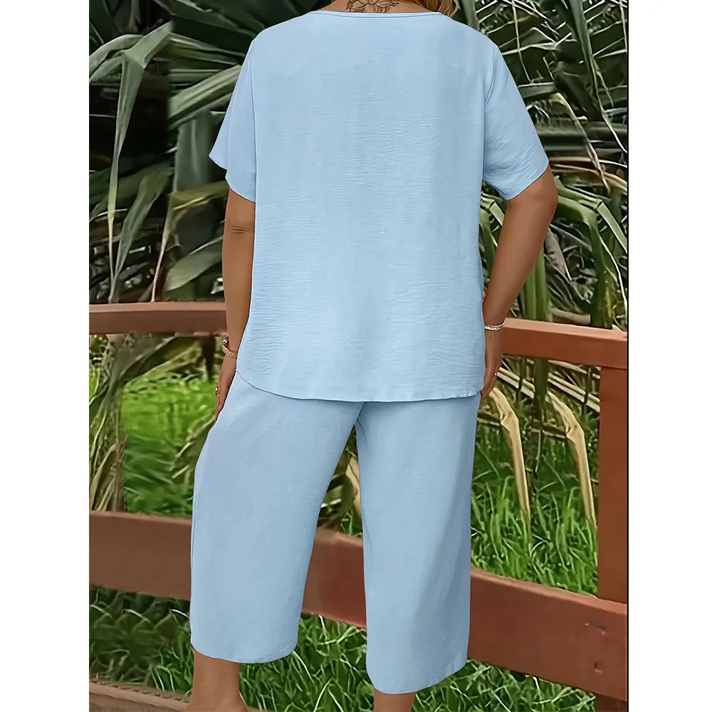 Women's Solid Short Sleeve Top & Loose Wide Leg Pants 2-Piece Set