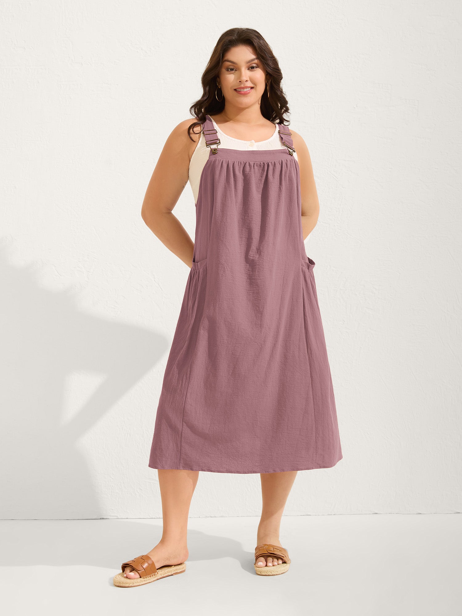 Pure Cotton Pleated Pockets Midi Dress