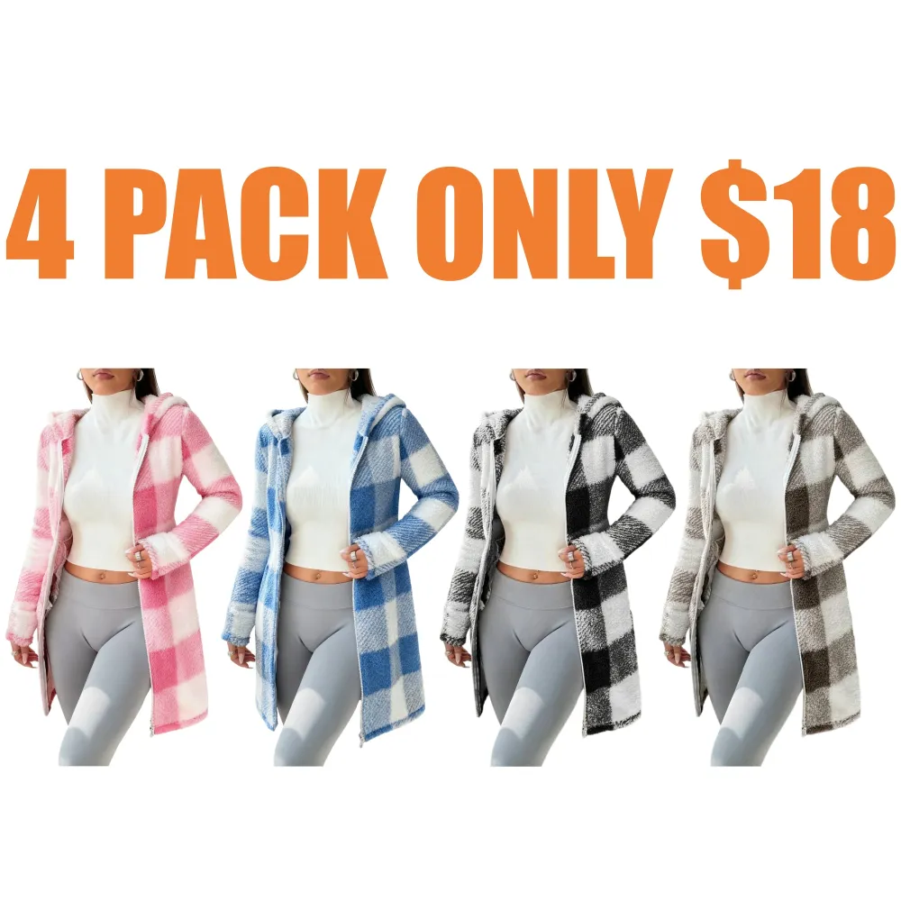 Women's Plaid Fleece Long Sleeve Hooded Coat