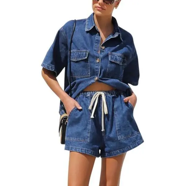 Women's Summer Denim Shirt and Shorts Two-Piece Set Short-Sleeve Button-Down Shirt with Elastic Waist Wide-Leg Shorts Casual Outfit