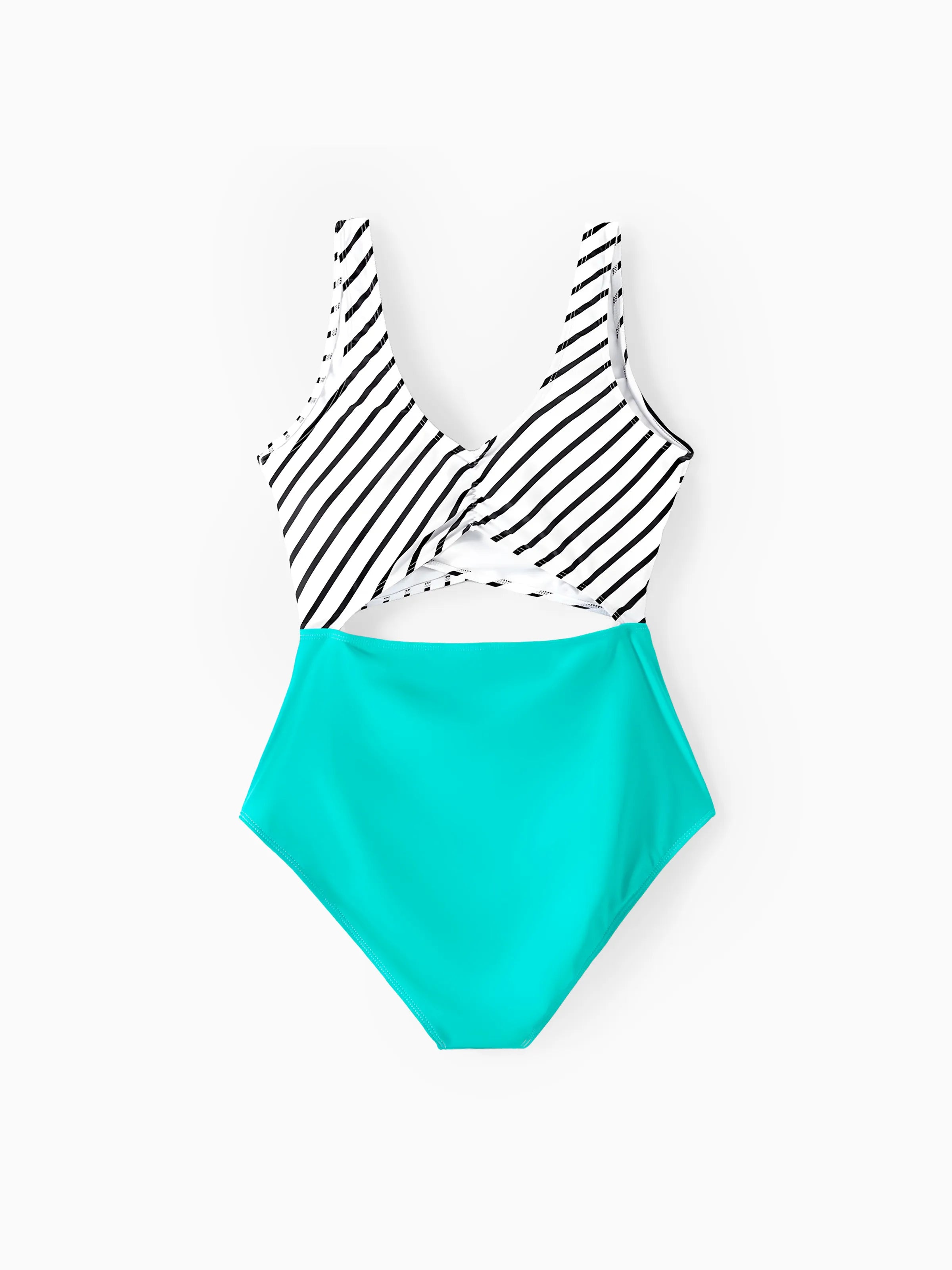 Family Matching Striped Spliced Cut Out One-piece Swimsuit and Colorblock Swim Trunks Green/White