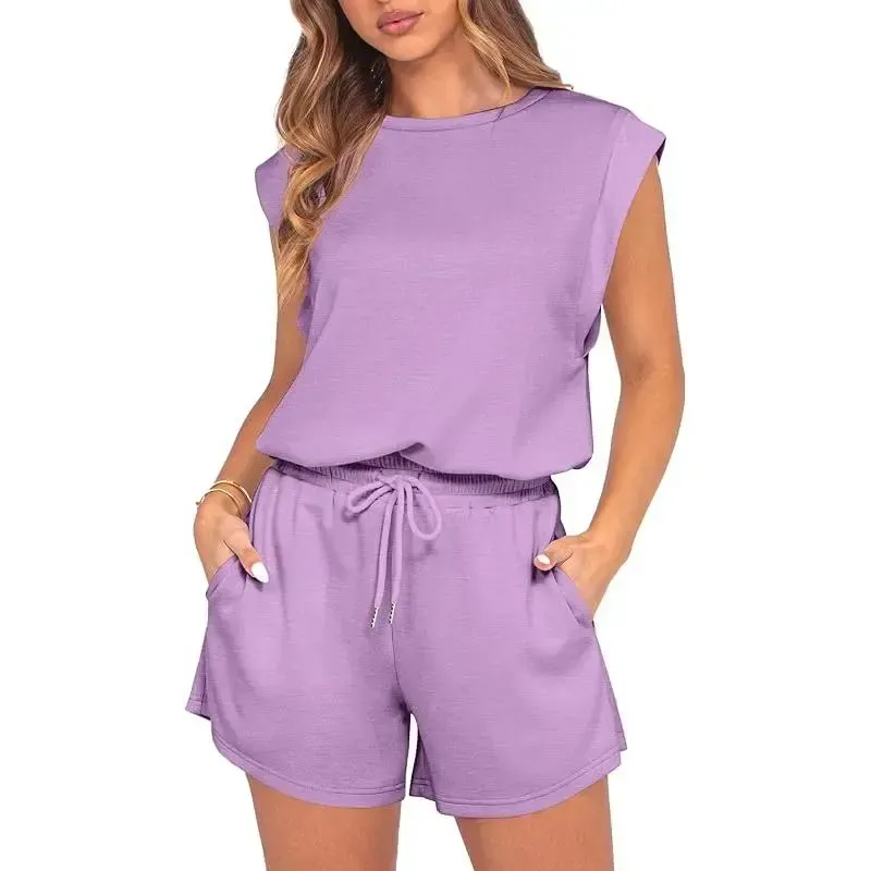 Women 2026 Summer Cap Sleeve Adjustable Drawstring Waistband Cozy Lounge Short Jumpsuit With Pocket