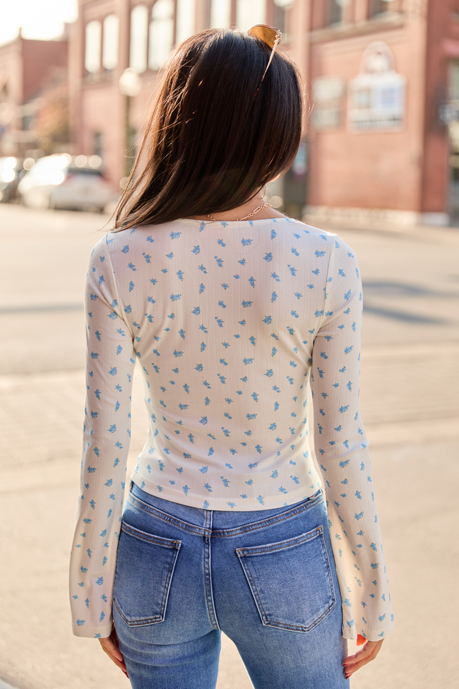Cameron Blue And White Lace Trim Floral Top
