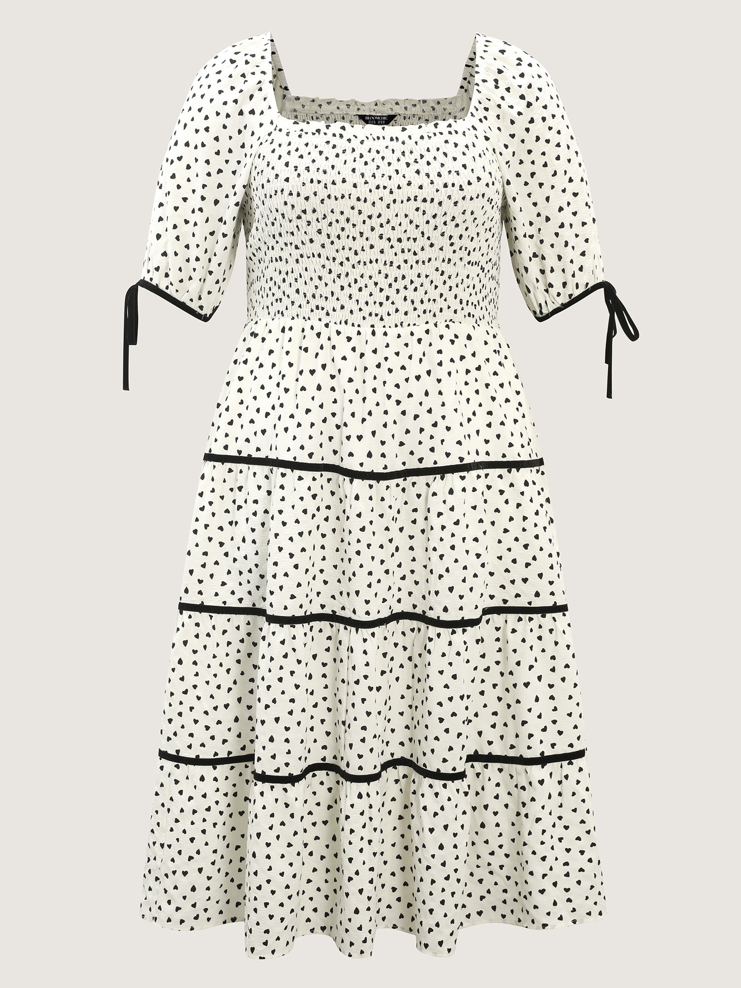 Little Heart Print Shirred Contrast Tie Midi Dress