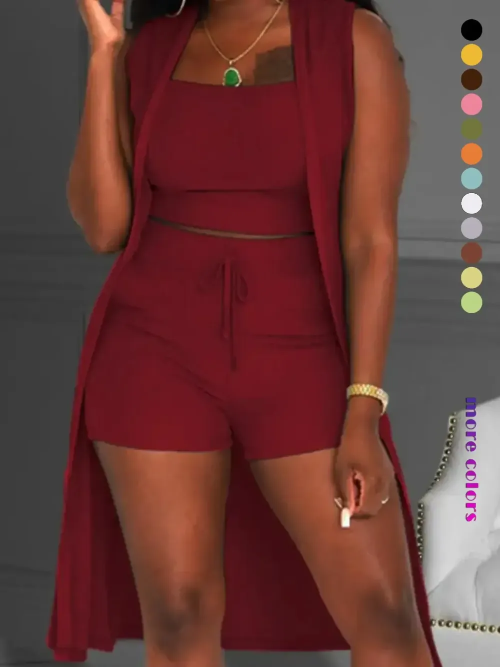 Three-Piece Set Women's Solid Ribbed Co-ord Set, Casual Crop Tank Top & Drawstring Waist Shorts & Vest Coat Set for Daily Wear