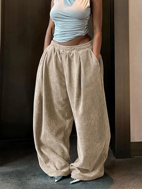Women's Solid Drawstring High Waist Wide Leg Pants
