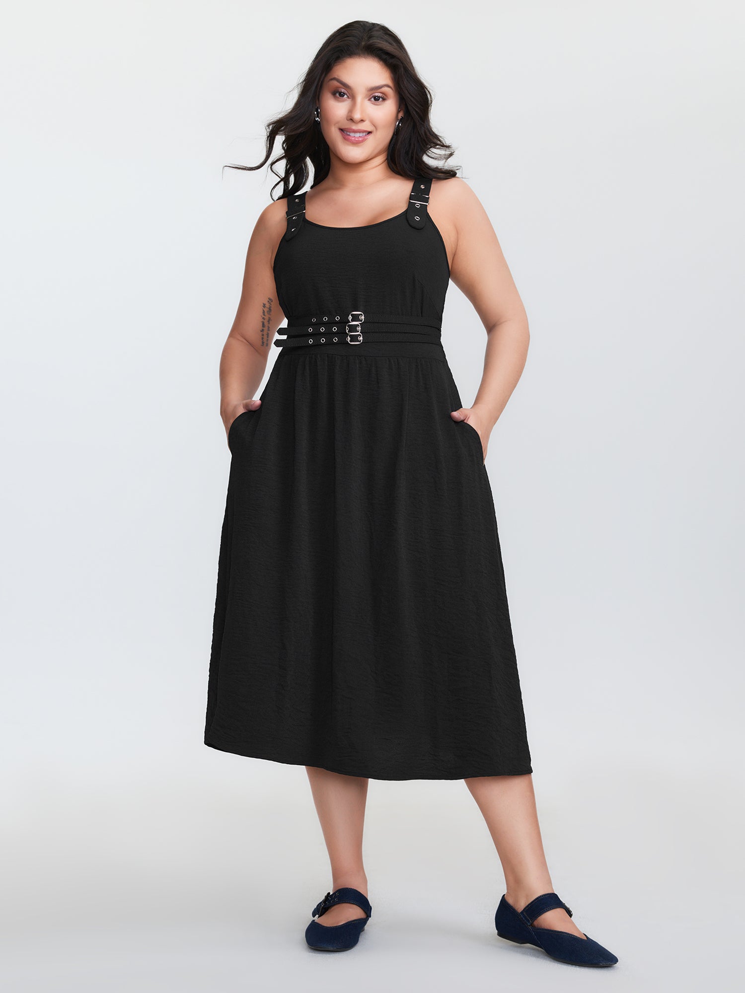 Wide Straps Belted Buckle Detail Midi Dress