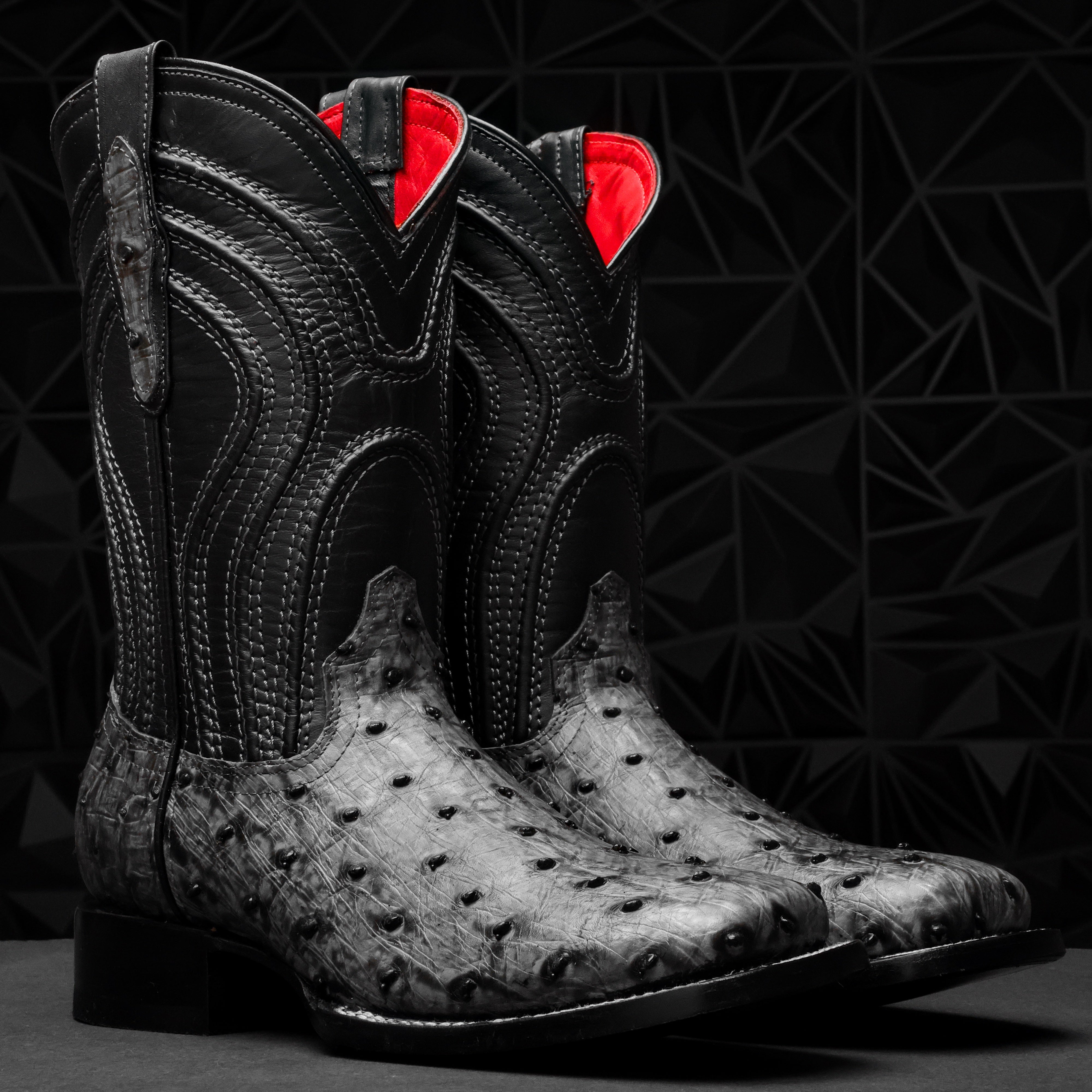 Grey Ostrich Leather Boots - Square Toe