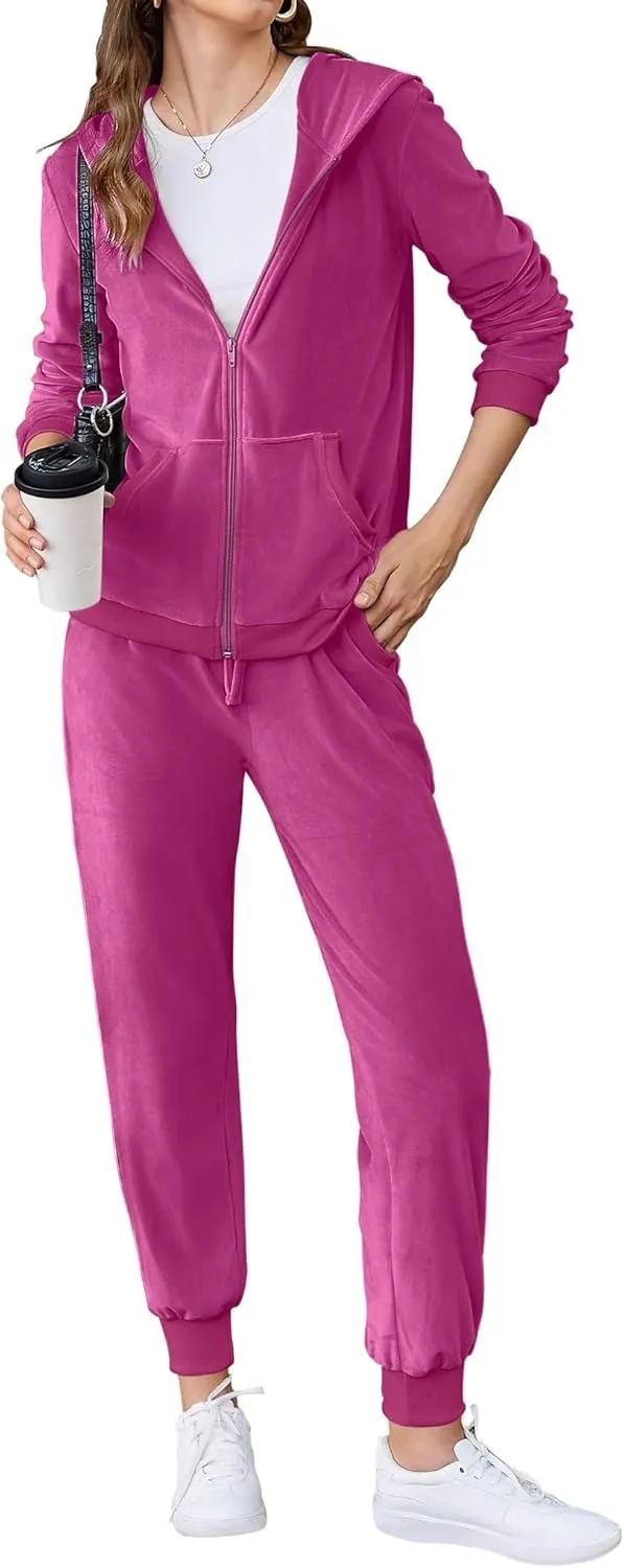 Women's Casual Velour Tracksuit Set Full Zipper Hoodie