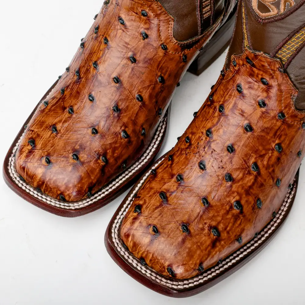 Honey Cognac Ostrich Leather Boot - Square Toe
