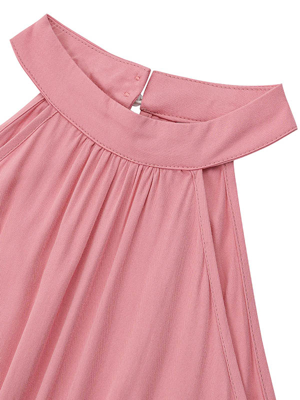 Pleated Solid Color Split-Front Tied Waist High Waisted Loose Halter-Neck Jumpsuits