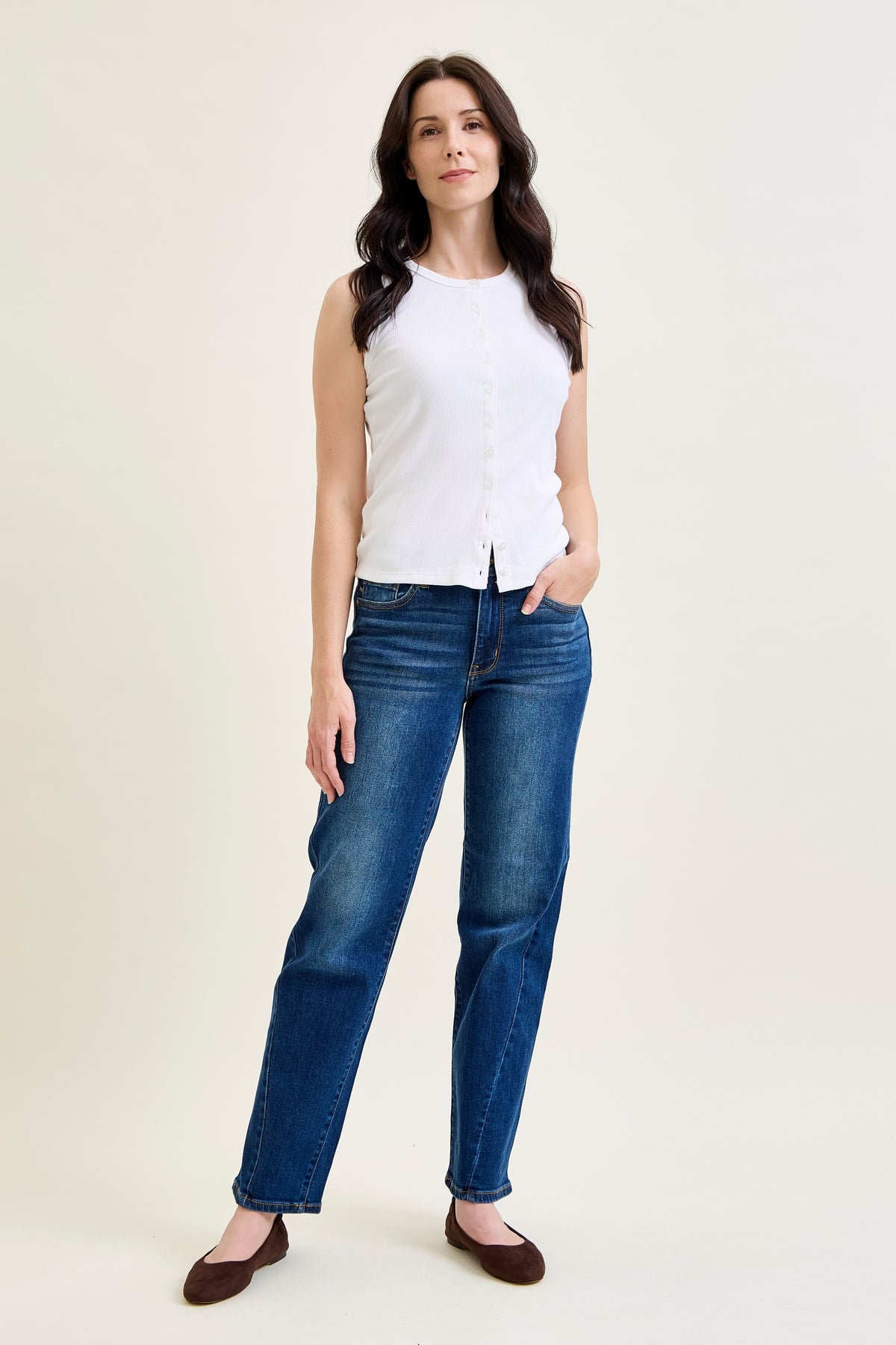 Aubrey Mid Rise Side Seam Detail Straight Jeans