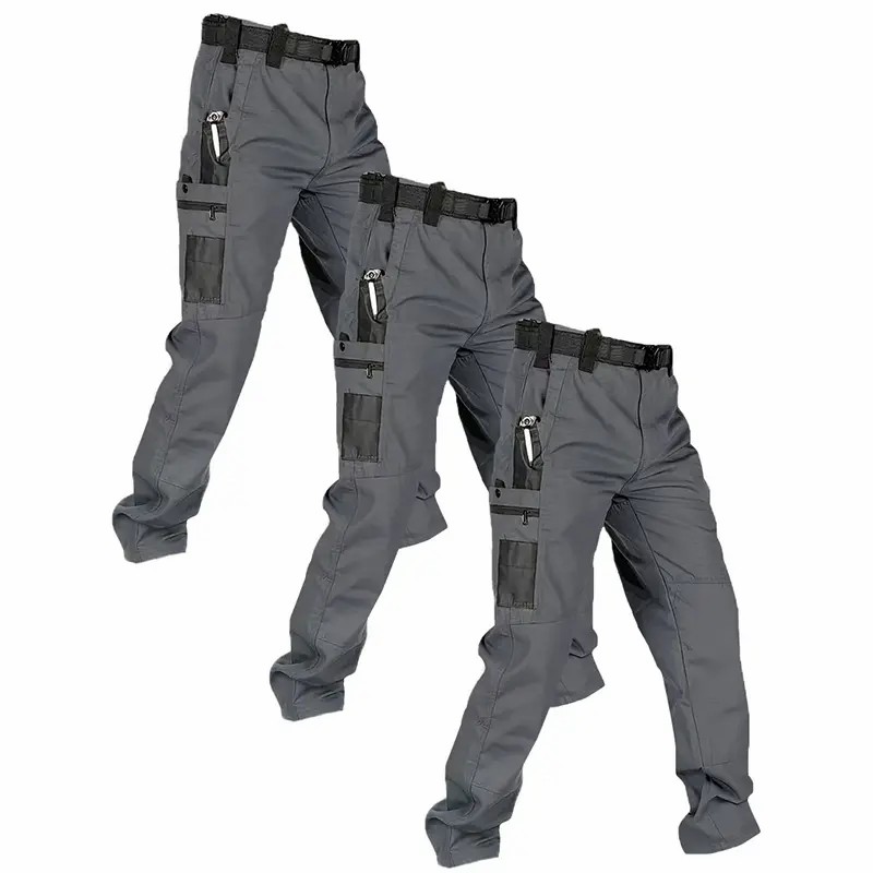 Men's Solid Color Waterproof Tactical Work Pants - 3-Piece Set, Belt-Free, Multi-Pocket, Durable Outdoor Hiking & Casual Pants (Regular Fit)