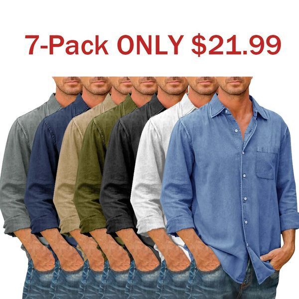 7 -Pack Men's Solid Color Pocket Cotton Long Sleeve Shirt💖Buy two packs for free shipping💖