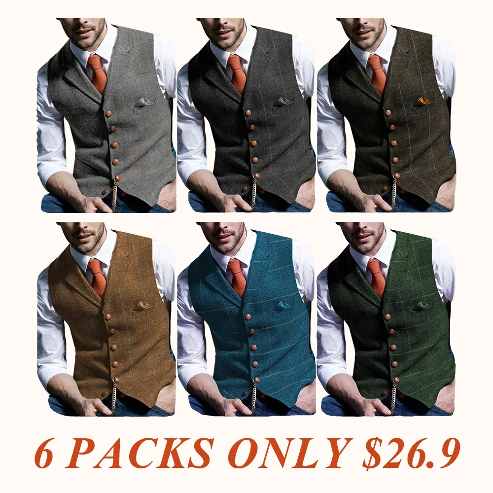 Men's Retro Tweed Vest Herringbone Wool-Polyester Blend Classic Formal & Casual Sleeveless Waistcoat Dress Fabric