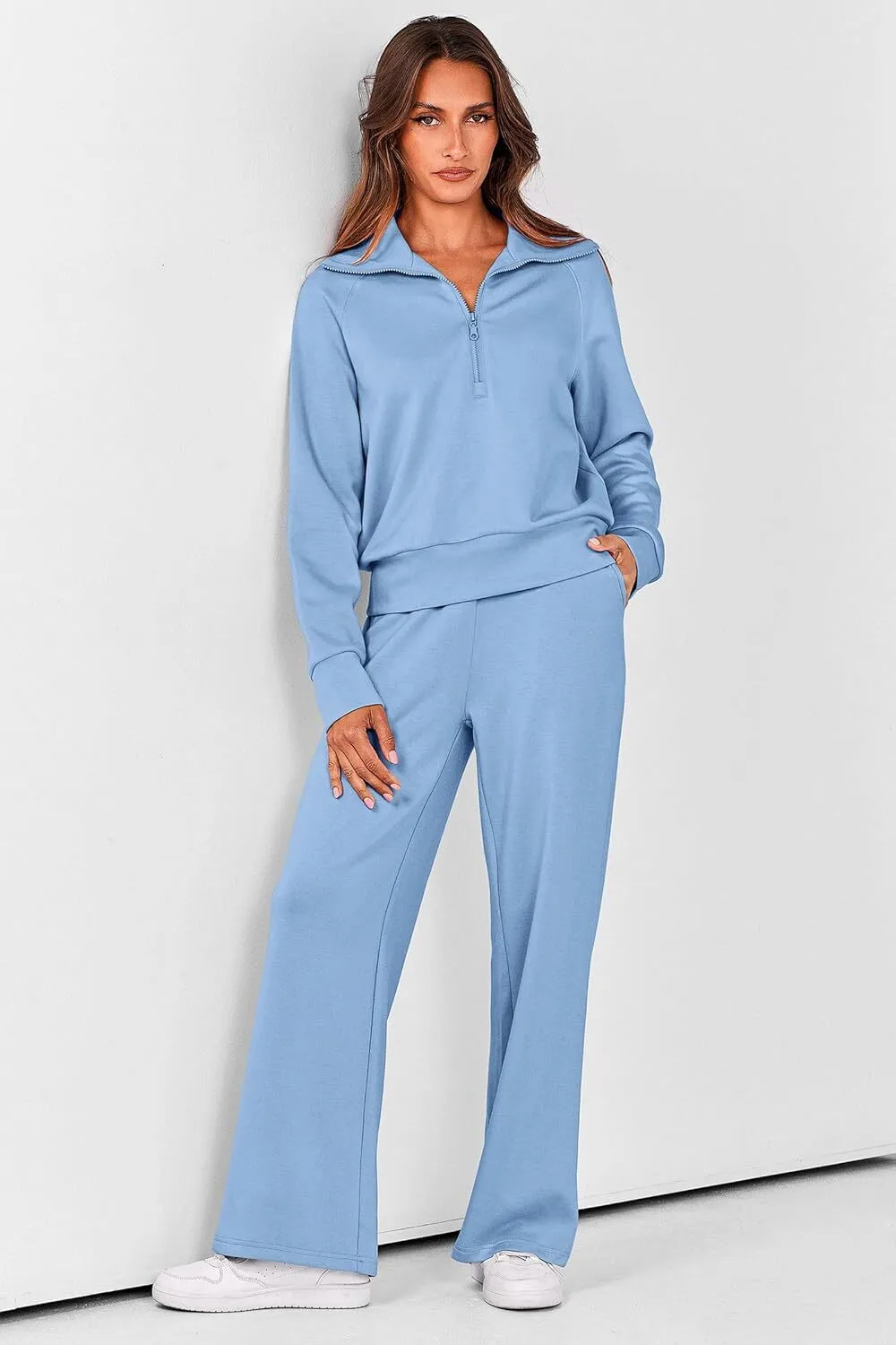 🔥Final Day Clearance!🛒Women's 2 Piece Outfits Casual Lapel Half Zip Sweatshirts And Wide Leg Pants Tracksuit Sets