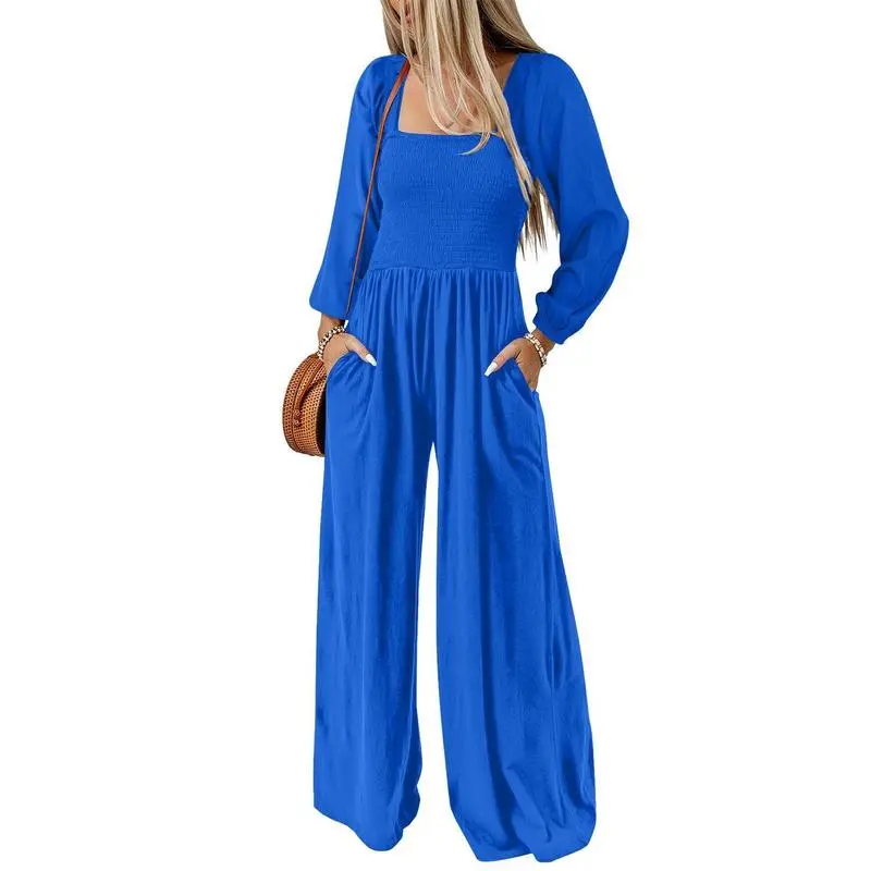 Women's Casual Loose Overalls Jumpsuits One Piece Long Sleeve Wide Leg Long Pant Rompers With Pockets