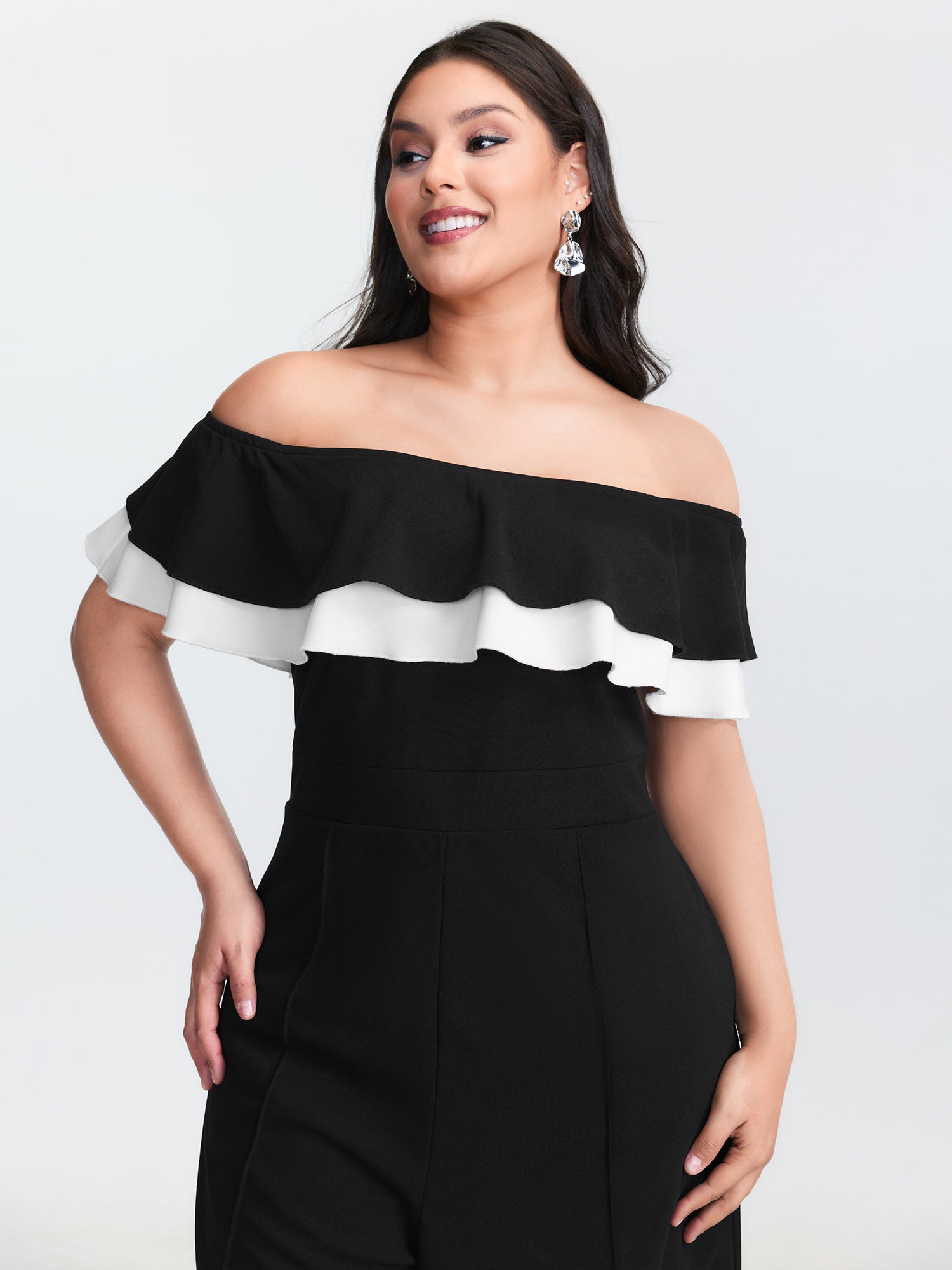 Off-Shoulder Lotus Leaf Neckline Jumpsuit