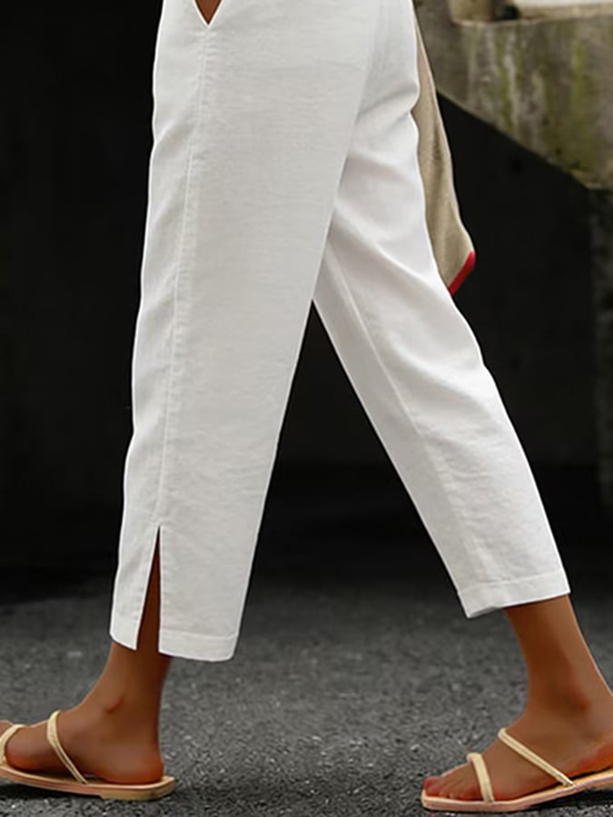 Women's Casual Solid Color Cotton Linen Side-Slit Ptants