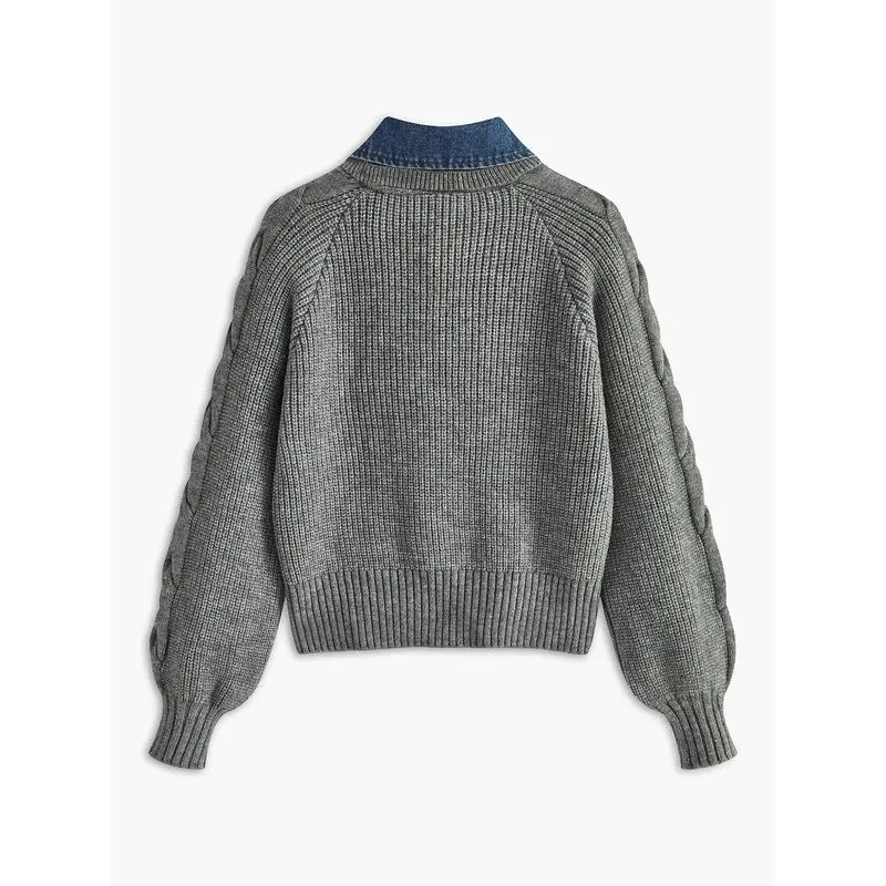 Denim Panel Ribbed Lapel Sweater