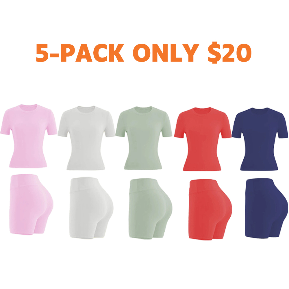 🔥🔥9 PACKS $27 | Women's Two-piece Solid Color Tee & High Waist Skinny Shorts Tracksuit Set