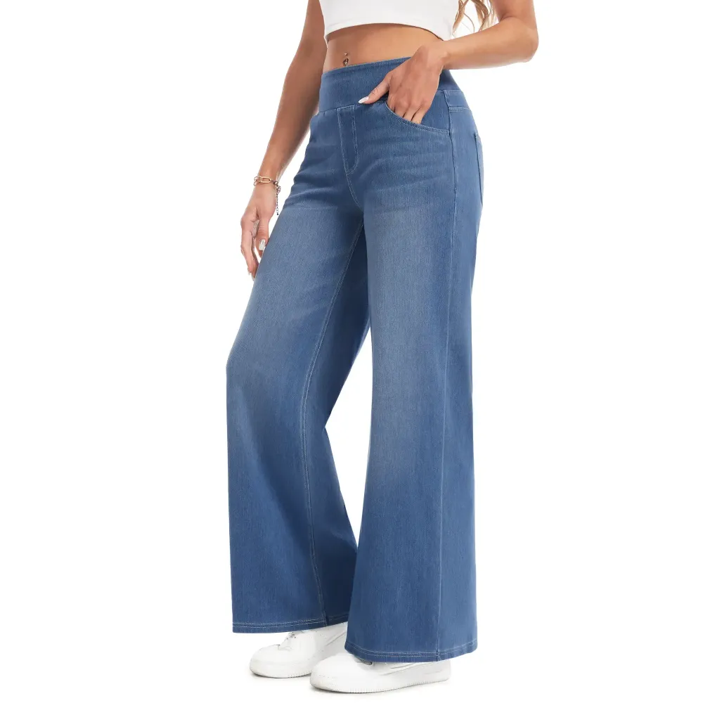 Wide Leg Stretchy Jeans for Women Loose Fit Elastic High Waist Pants