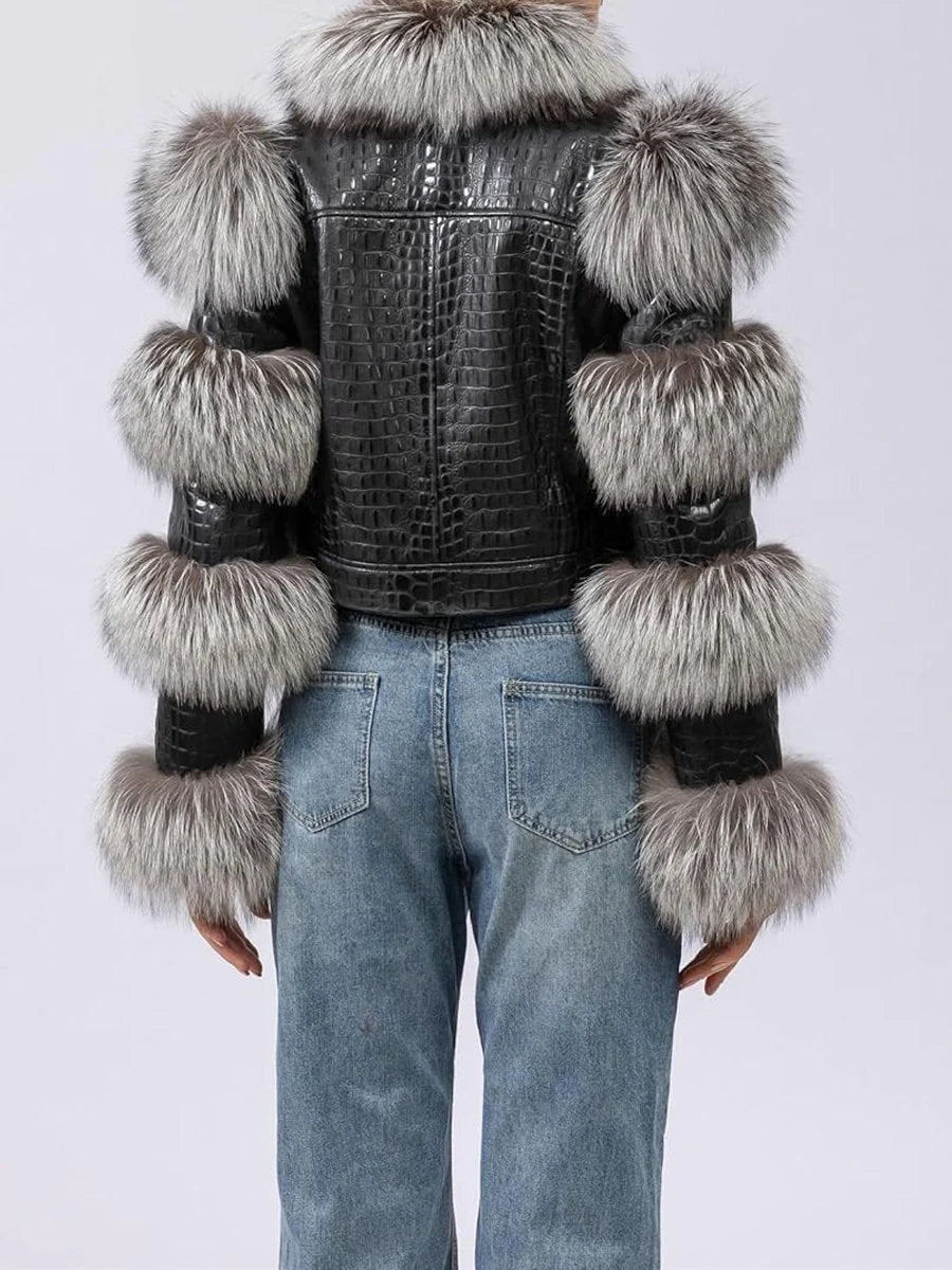 PU Patchwork Faux Fox Fur Coat