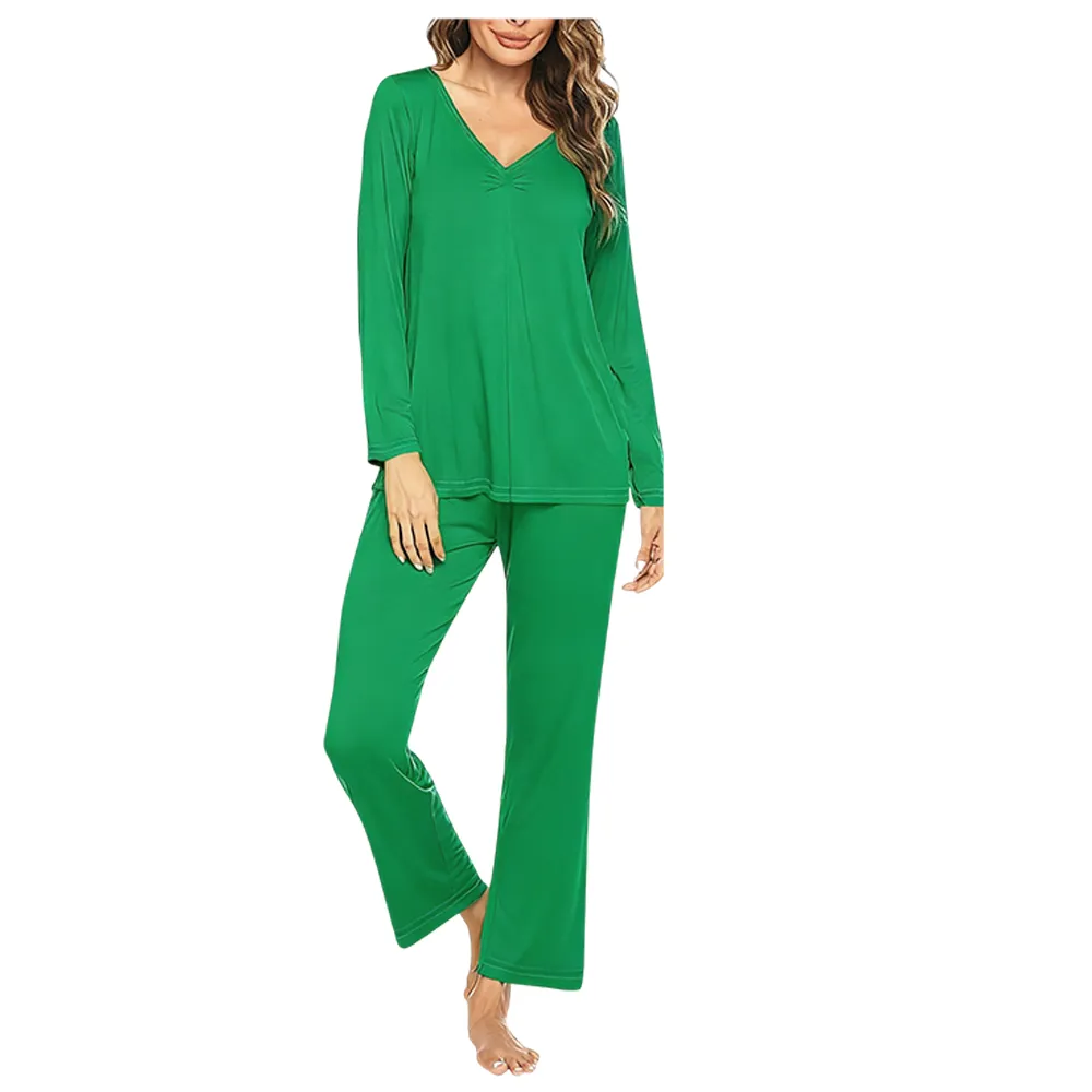 Women's V-neck long-sleeved top + trousers casual two-piece set