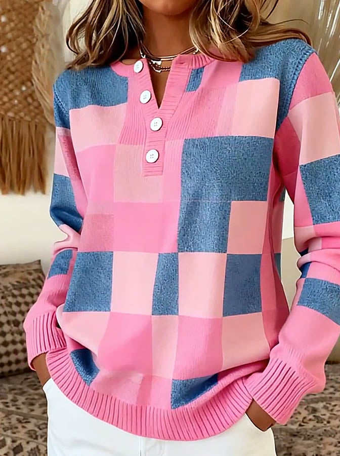 Women'S Casual Button-Down Collar Printed Knitted Top