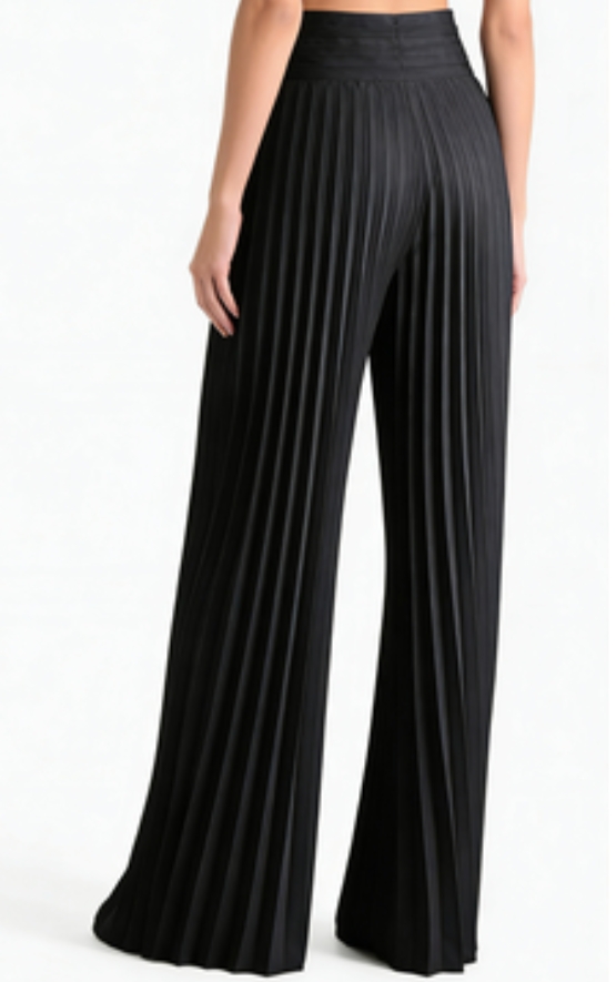 Elegant Stone Black Pleated High-Waist Palazzo Trousers