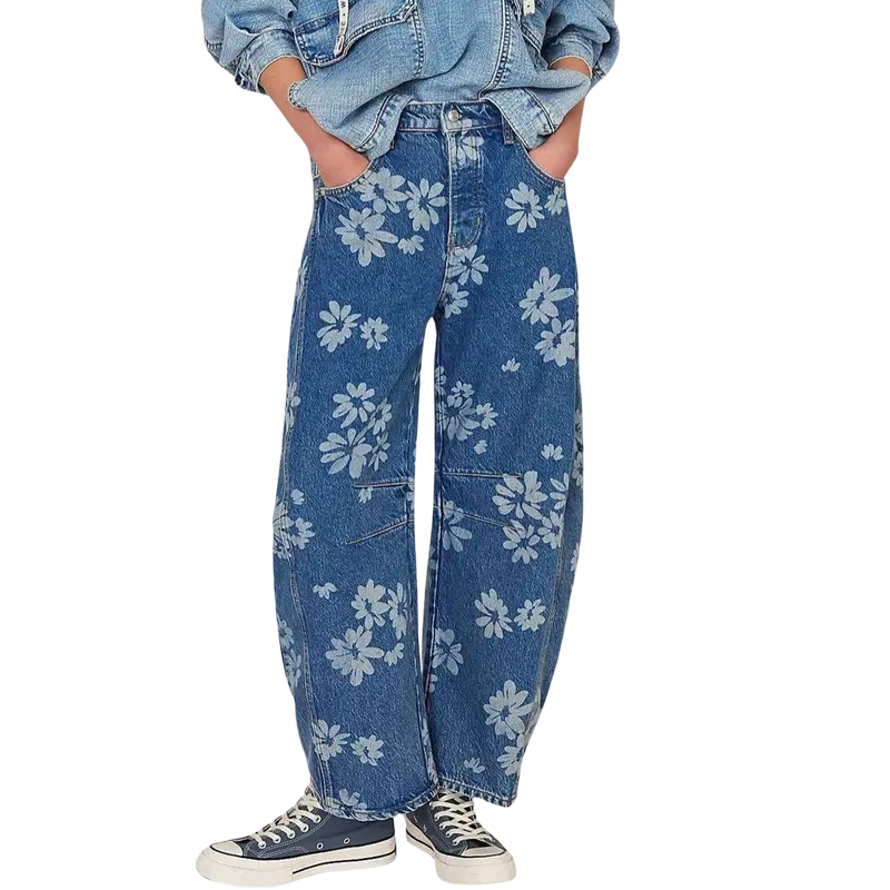 Women's Minimalist Floral Denim Jeans — Y2K Style Loose Wide-Leg Pants
