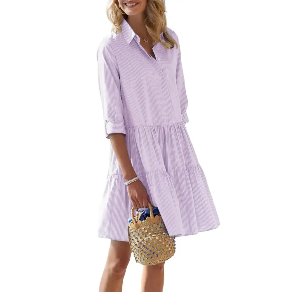 Women's Summer Striped Shirt Dress Half-Button Mini Cake Dress Loose Casual Rolled-Sleeve