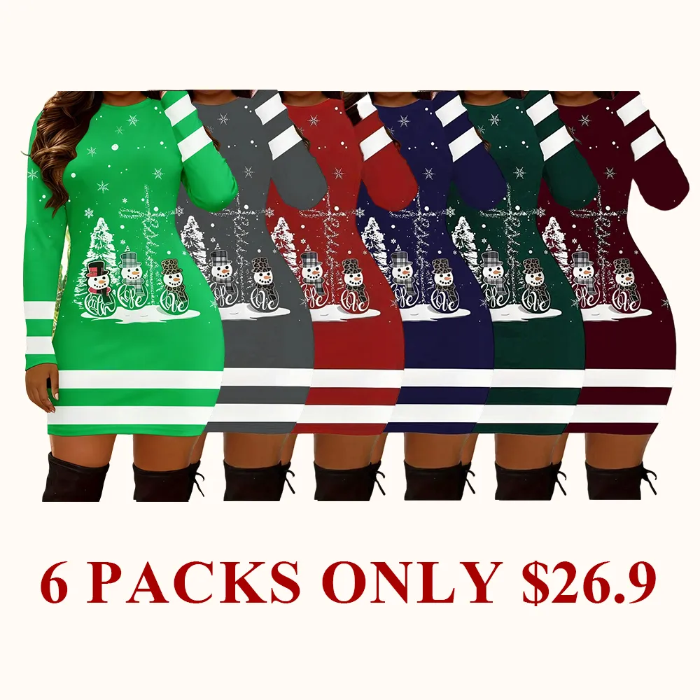 Women's Casual Christmas Print Striped Slim Fit Dress