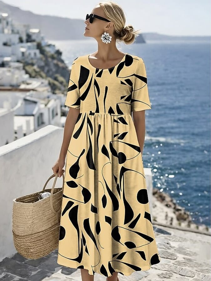Women's Casual Round Neck Half Sleeve Striped Contrast Print Dress- Fast Shipping