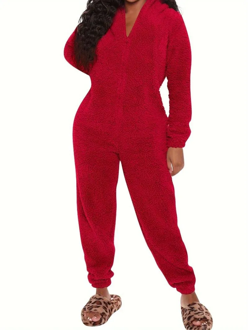 Women's Solid Zipper Hooded Plush Pajama Jumpsuit