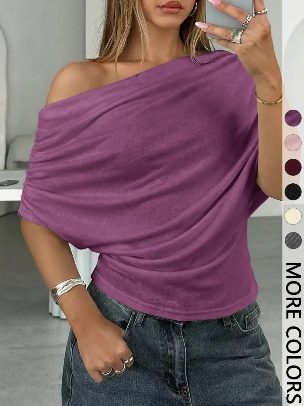 Women's Summer Autumn Plain Asymmetrical Shoulder Batwing Sleeve Knit T-Shirt