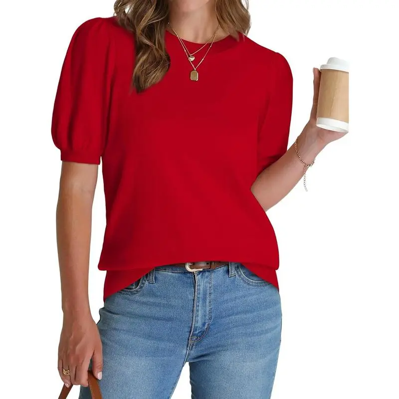 Women's Puff Short Sleeve 2026 Spring Summer Sweater - Lightweight Knit Top - Business Casual Blouse