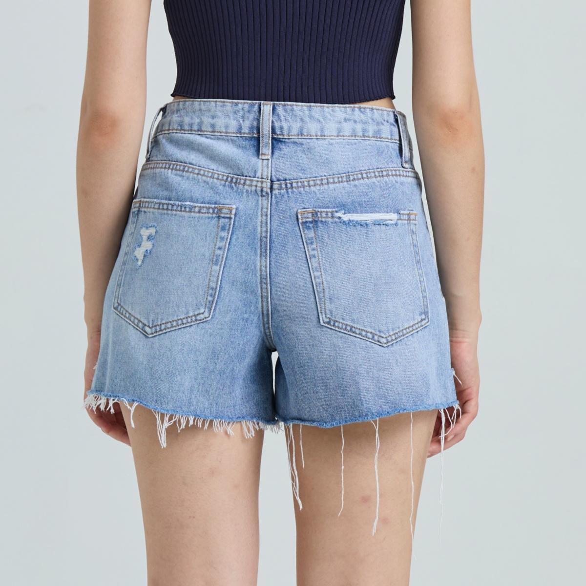 Mother's Day Sale💕Non-Stretch High Rise Raw Hem Ripped Jean Shorts Rigid Denim