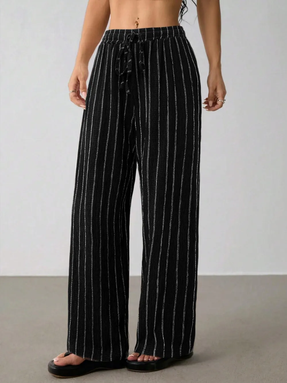 Women's Striped Waist Tie Straight Leg Loose Casual Belted Pants, Fitted Style